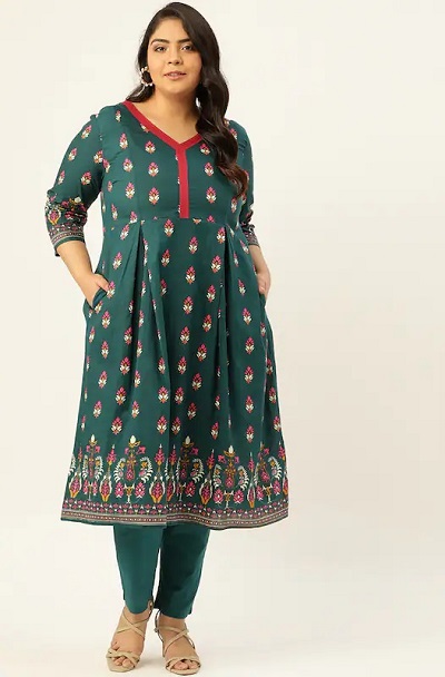 Front Pocket Pleated Printed Plus Size Kurta