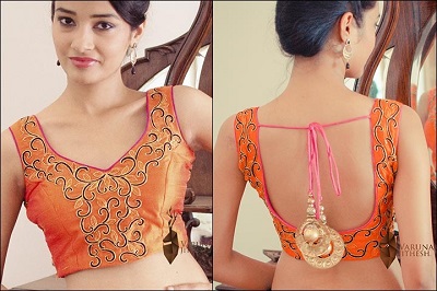 Orange Deep Back Neck Blouse Design