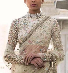 High Neck Full Sleeves Beige Net Blouse